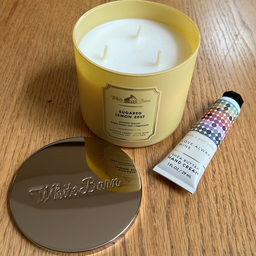 White Barn “Sugared Lemon Zest” candle and 1oz Bath and Body Works hand cream